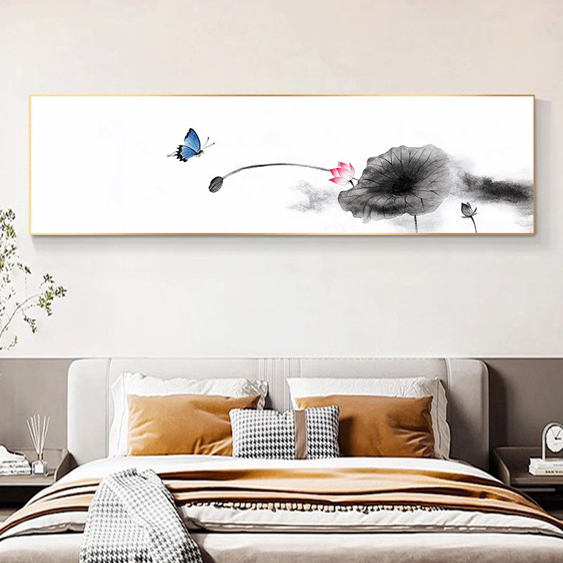 新中式卧室床头装饰画客厅禅意荷花国画莲花工笔画水墨画壁画挂画