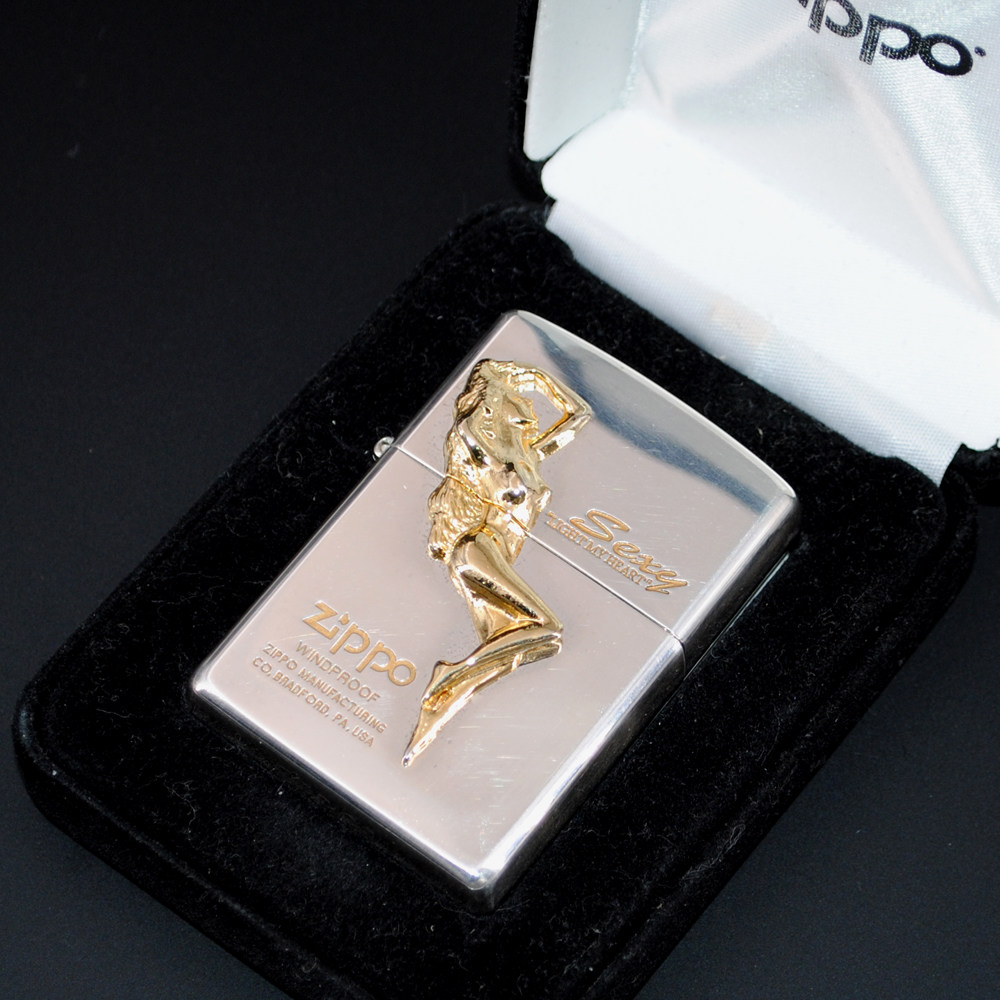 原装正品Zippo打火机-绝版收藏-2000年镀银金色女郎贴章机