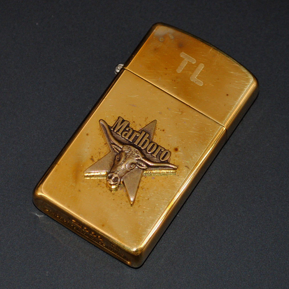 原装正品Zippo打火机-绝版收藏-1991年刻字纯铜万宝路纤巧窄牛头