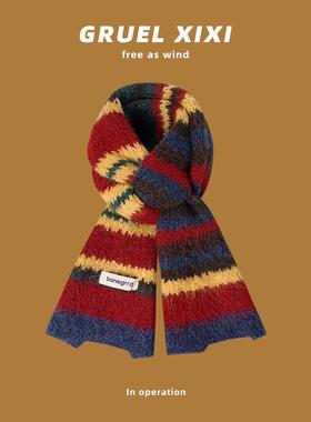 2024新款撞色围巾女秋冬季韩版高级氛围感红色条纹围脖含羊毛保暖