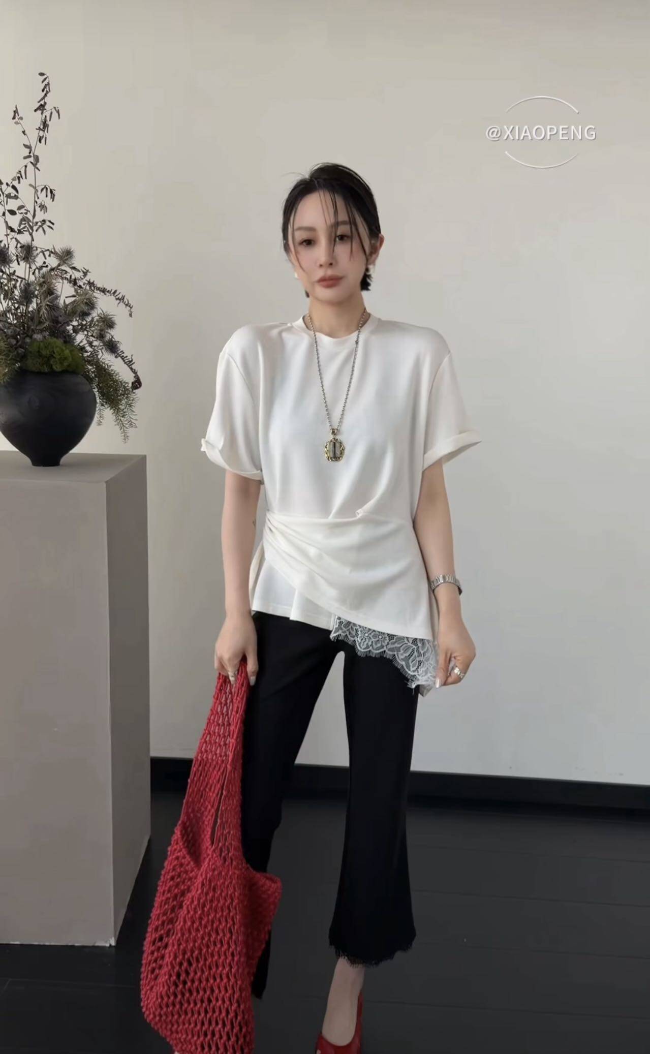 收腰蕾丝边不规则短袖T恤上衣女