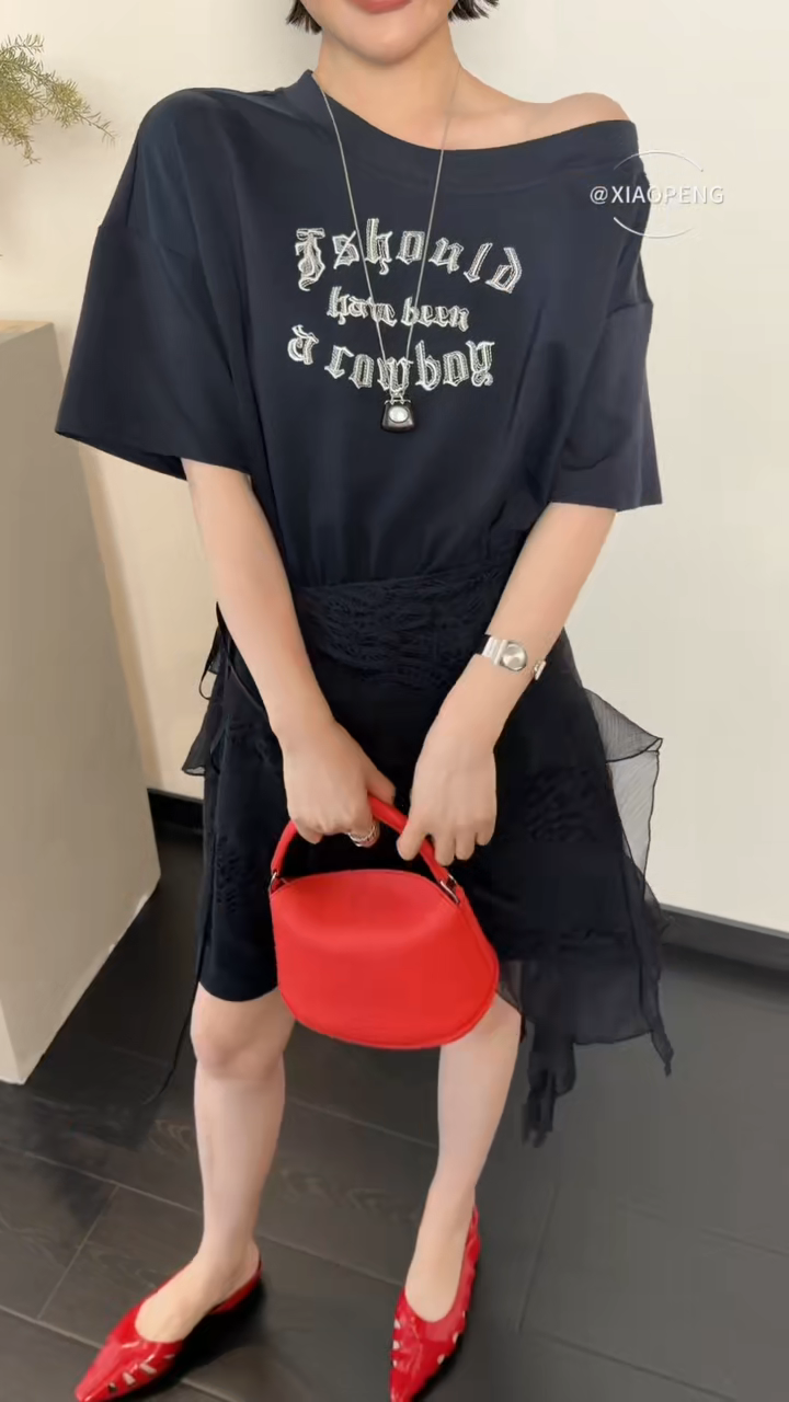 欧洲站欧货2026新款字母印花连衣裙女斜领短袖收腰屁帘显瘦T恤裙