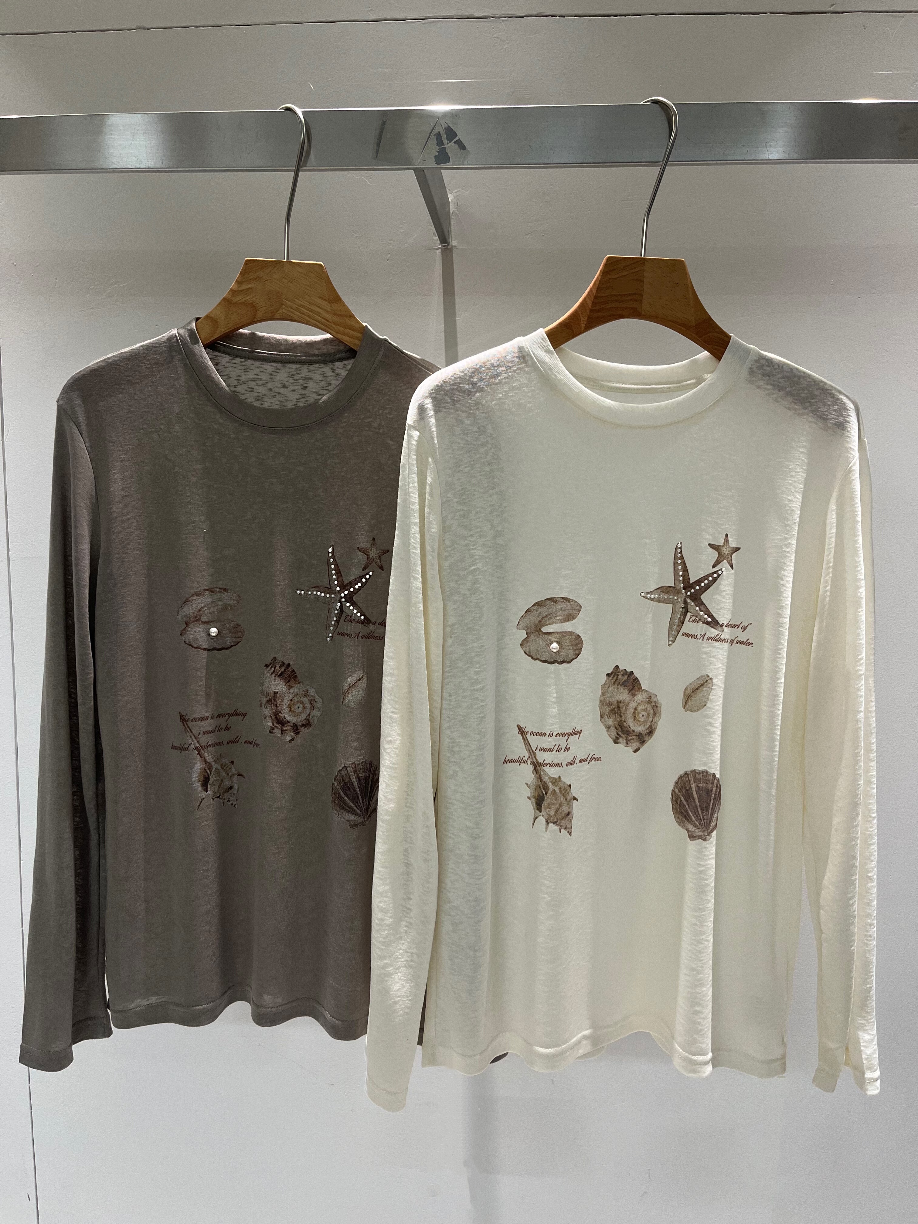 海洋印花柔软亲肤钉珠长袖T恤