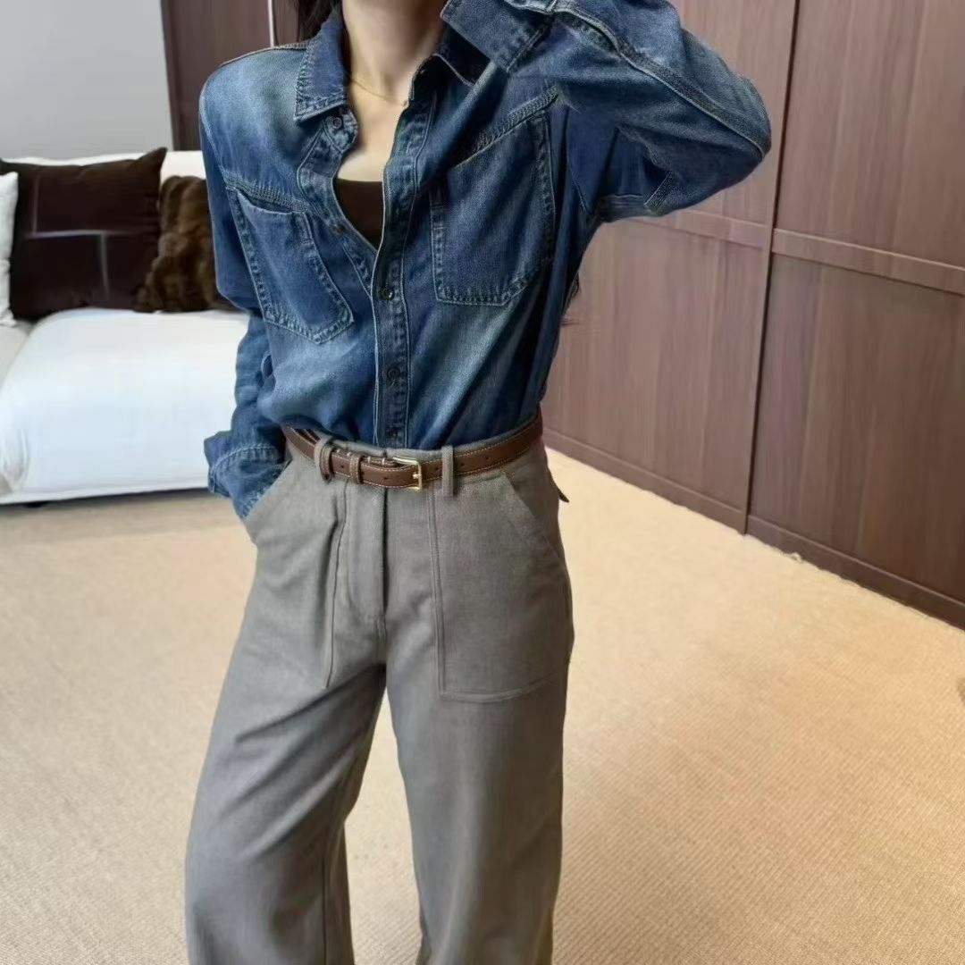 欧洲站2025冬季洗水磨白翻领叠穿牛仔衬衫女韩版休闲宽松衬衣上衣