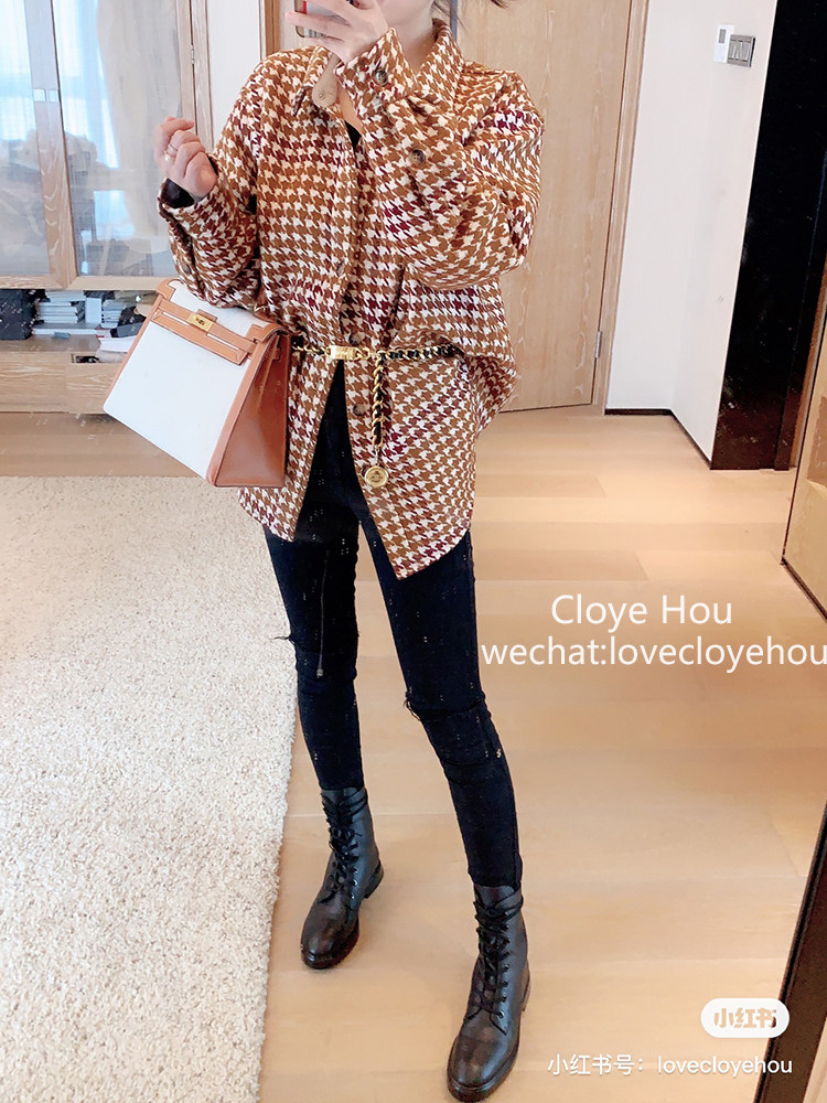 Cloyehou2022秋装新款100%羊毛格子衬衣经典千鸟格黄色长袖衬衫女