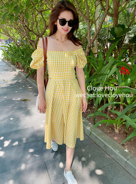 Cloyehou2022新款夏高腰法式方领裙泡泡袖连衣裙甜美小清新格子裙