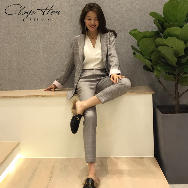 清仓不退Cloyehou复古格纹西装外套短款大牌格子开叉小西服套装女