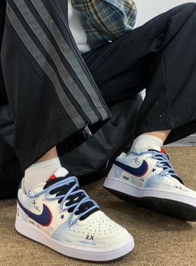 球鞋定制 Nike/耐克 Court Vision 蓝色彩虹美式涂鸦百搭男子板鞋