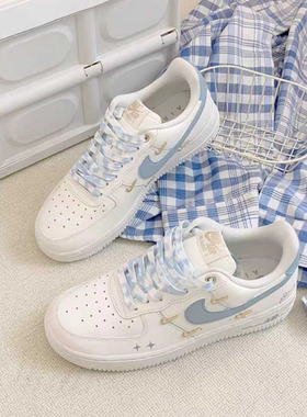 球鞋定制 Nike/耐克 Air Force 1 蓝色海洋涂鸦空军一号女子板鞋
