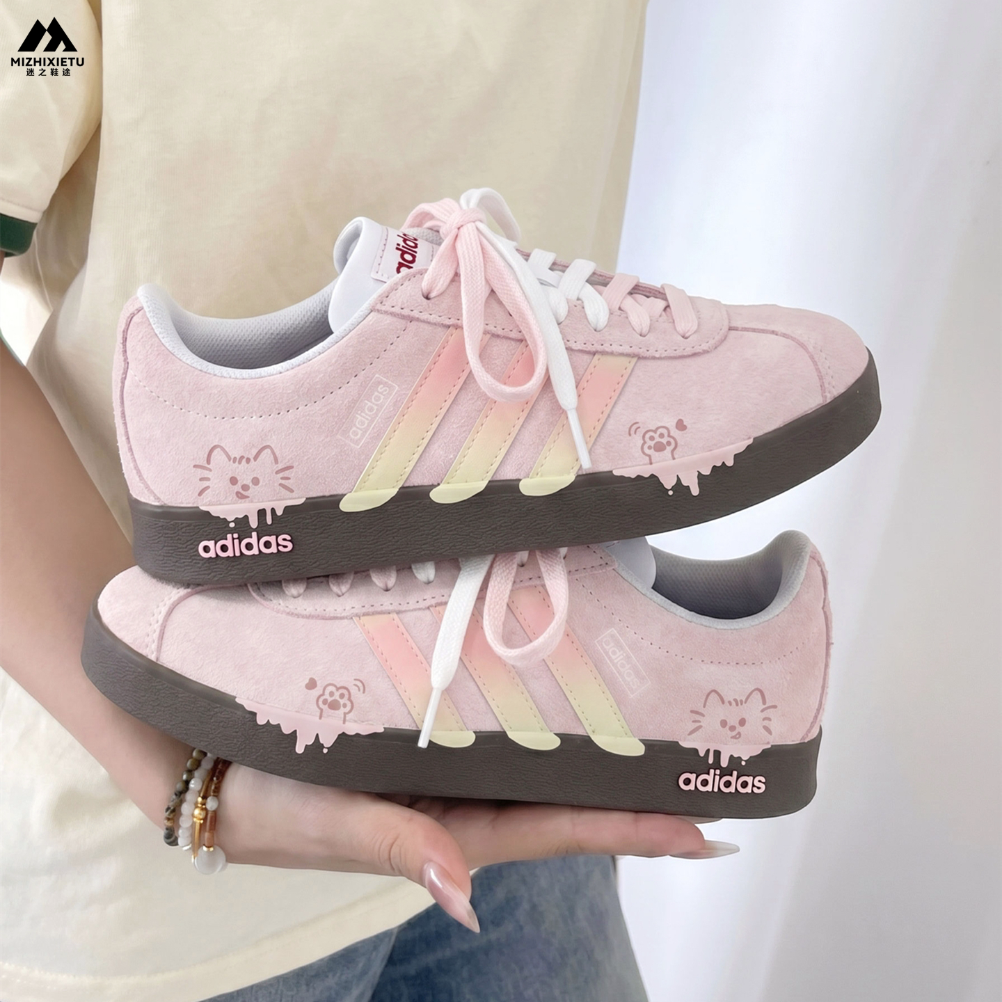 球鞋定制 Adidas/阿迪达斯 Neo VL 云粉喵喵可爱氛围感男女子板鞋