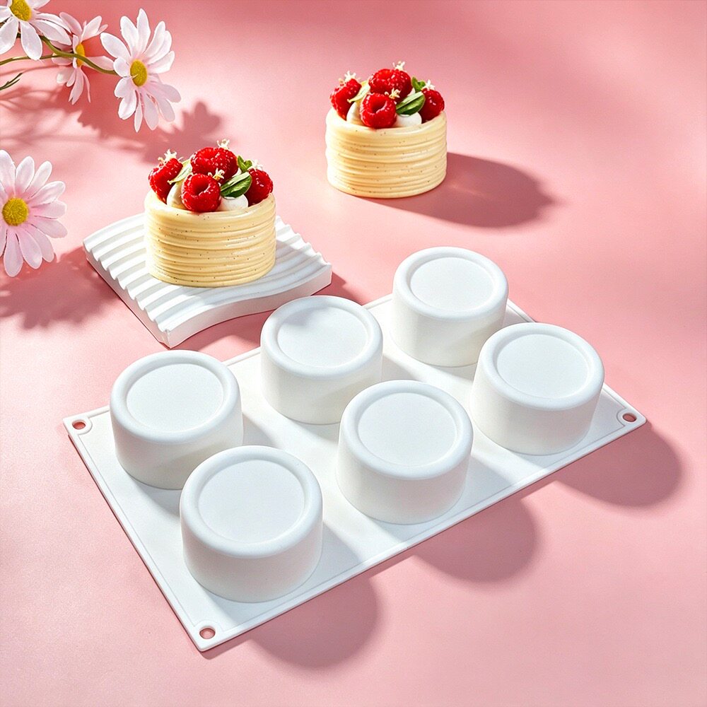 法式西点6连环线圆柱布丁杯硅胶模具餐厅巧克力创意慕斯蛋糕模具