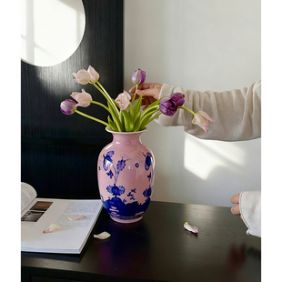 SilentWind寂风新中式 饰摆件 青花瓷陶瓷花瓶粉色手绘水墨风家居装