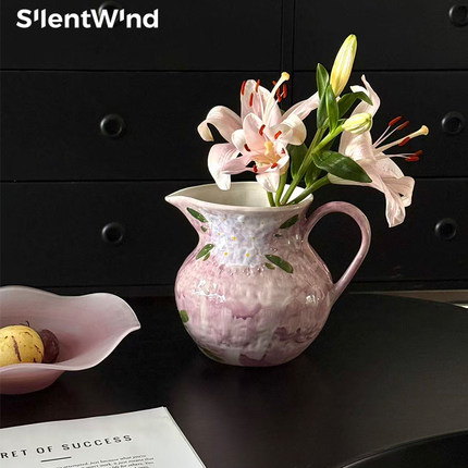SilentWind寂风浅粉复古手绘陶瓷花瓶摆件客厅插鲜花仿真花器摆件