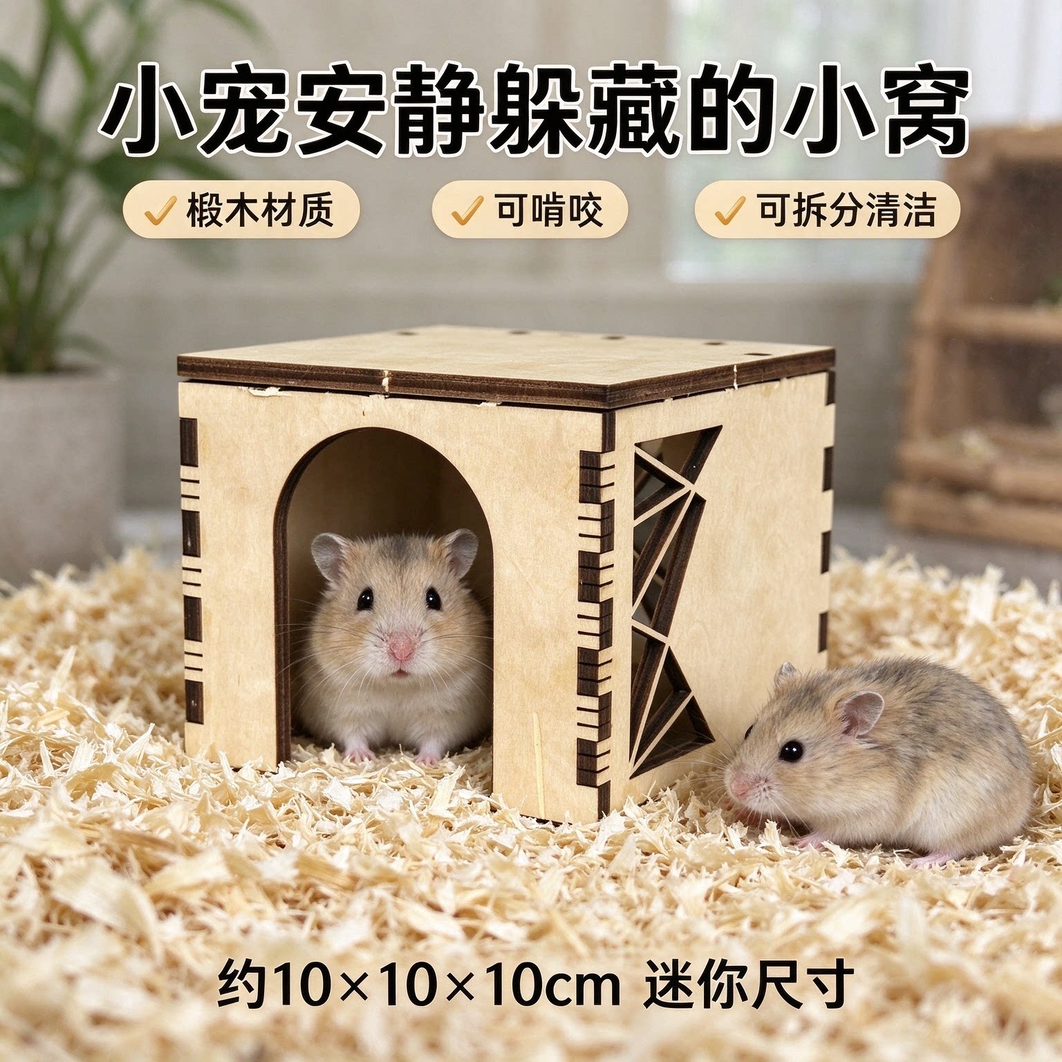 方形椴木宠物躲避屋侏儒仓鼠专用窝幼年金丝熊木质小屋可拆洗拼装