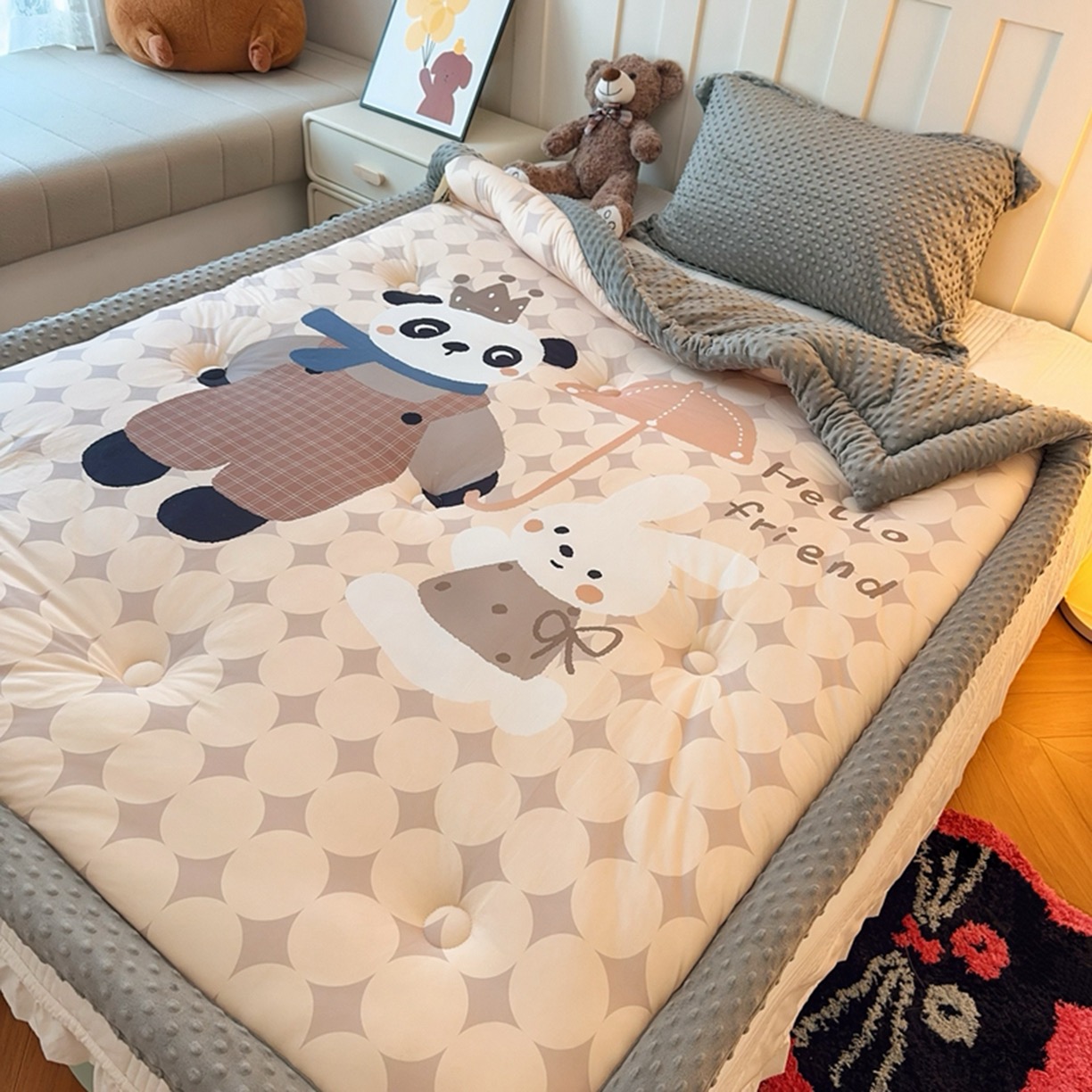 秋冬加厚云柔针织棉卡通豆豆被可机洗安抚豆豆毯被儿童冬被幼儿园