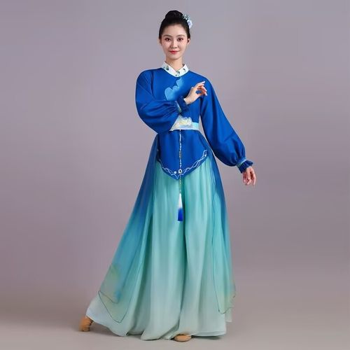古典舞服装新中式青花瓷国风套装舞蹈印花上衣阔腿裤古典舞演出服