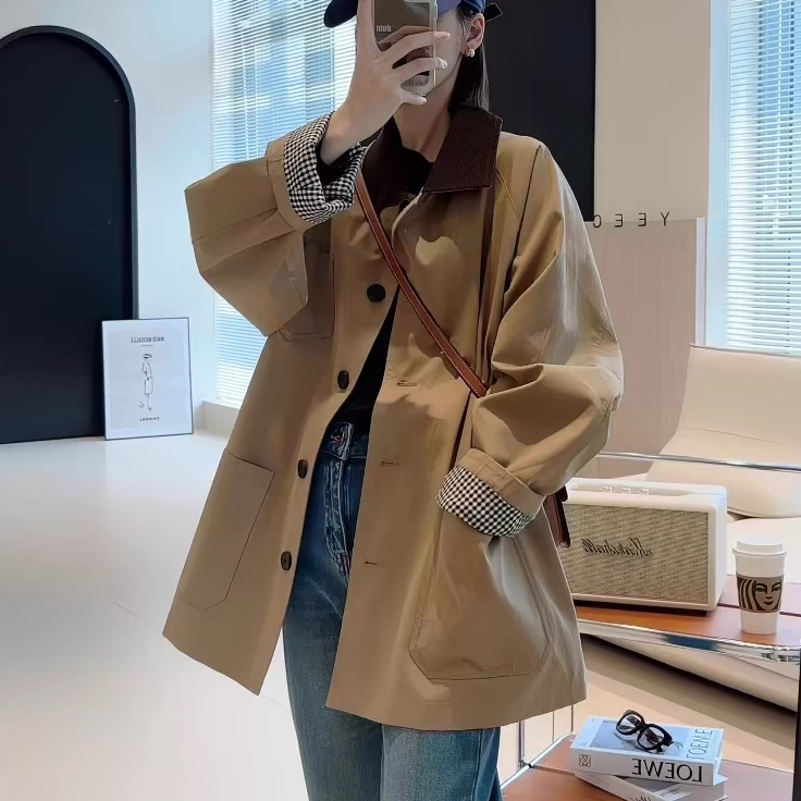 韩系拼接翻领风衣外套女2