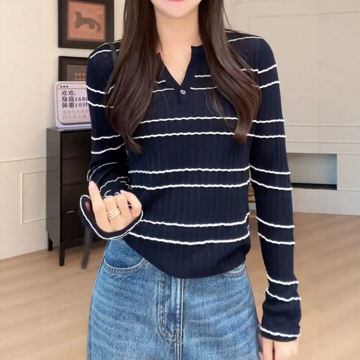 韩版复古条纹V领针织衫女
