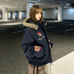 2026冬季新款美式复古刺绣徽章派克服棉衣外套女情侣小众加厚夹克