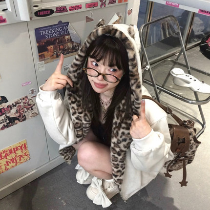 美式猫耳朵座山雕麂皮绒豹纹棉服女2025年冬季新款加厚棉衣外套