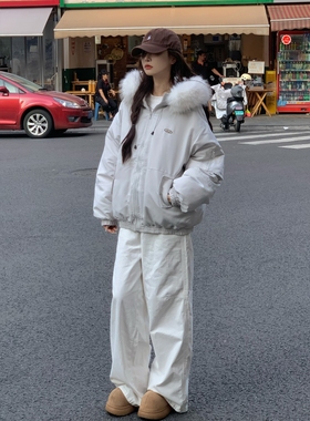 工装羽绒棉服女2025冬季新款大毛领国潮设计感加厚派克服棉袄外套