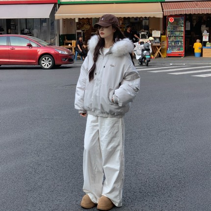 工装羽绒棉服女2025冬季新款大毛领国潮设计感加厚派克服棉袄外套