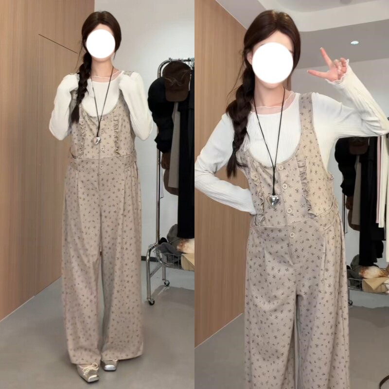 韩系碎花阔腿背带裤孕妇套装