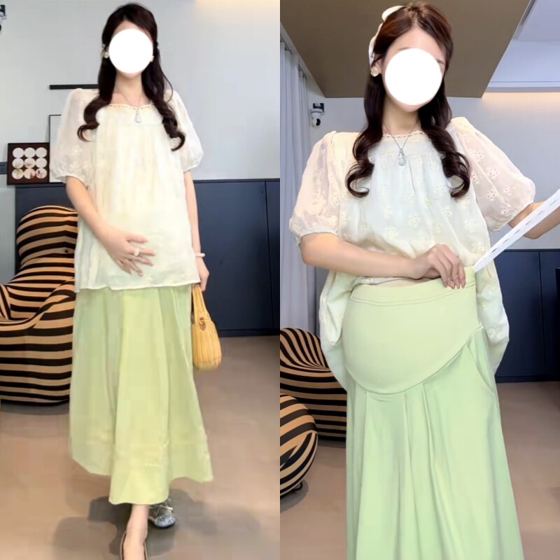 孕妇夏季花朵镂空遮肚托腹套装