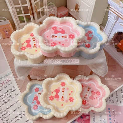 定制花朵KT猫盘子食玩捏捏装饰 diy奶油胶手工场景冰箱贴树脂配件
