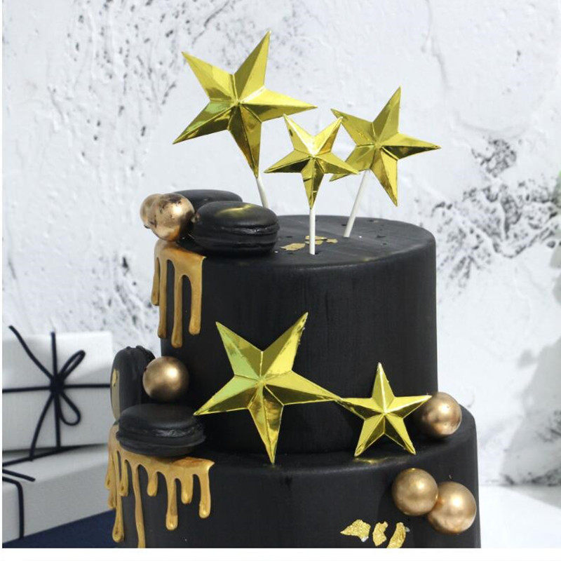 蛋糕装饰 闪亮五角星金银 生日快乐蛋糕装饰插牌5支装