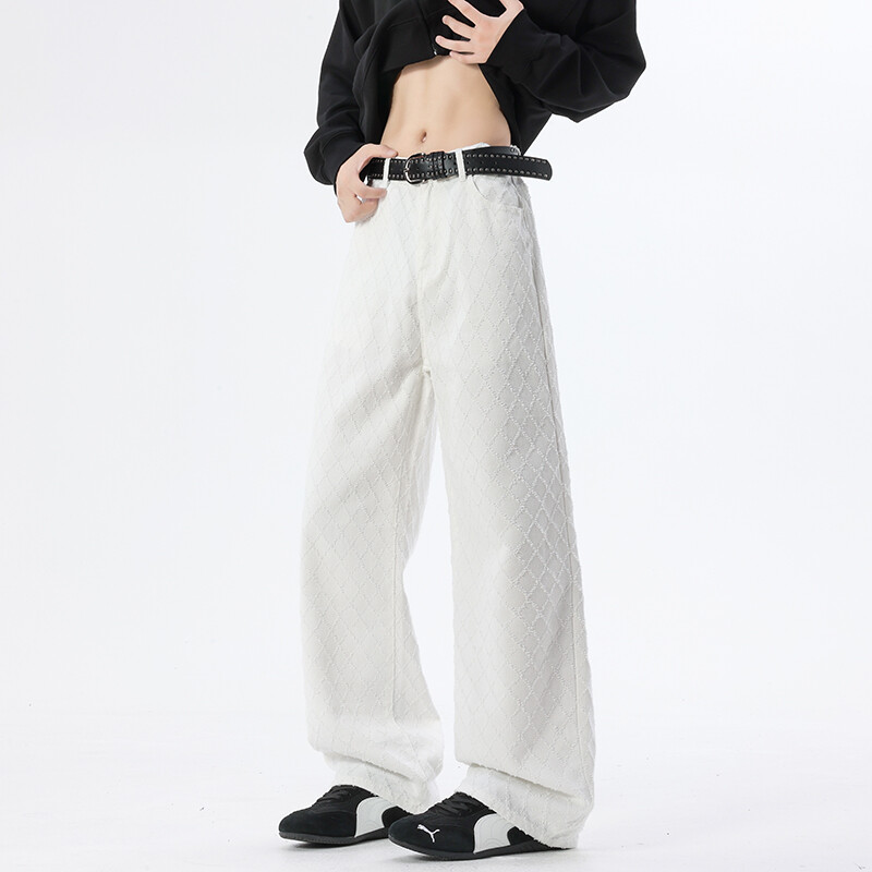 B221美式ins宽松直筒格子休闲白色牛仔裤 LK25579-特P45 控78