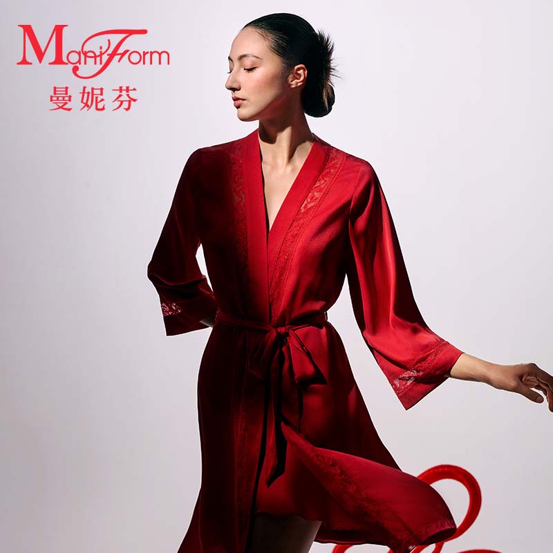 曼妮芬本命年红九分袖外披家居服女士睡衣舒适起居服睡袍20320671