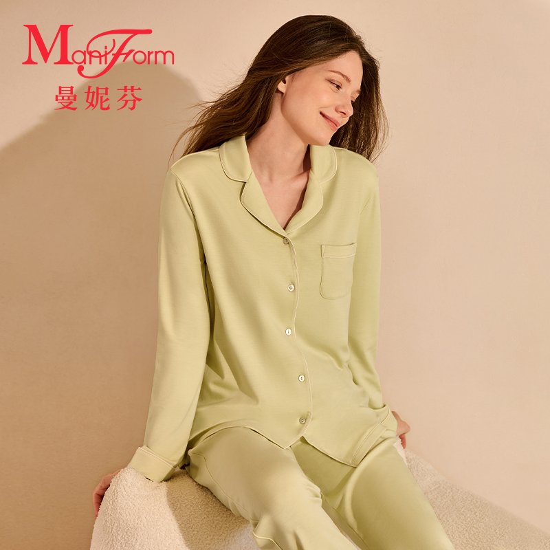 曼妮芬女士舒适棉莫翻领长袖长裤套装家居服秋冬睡衣20320612