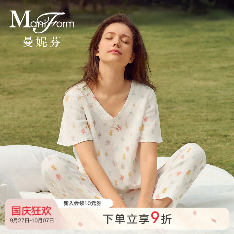 曼妮芬家居服套装睡裤透气棉纱布