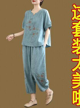 文艺国风妈妈夏装新款棉麻套装女