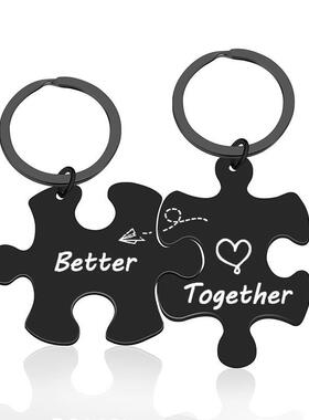 时尚不锈钢拼图项链在一起情侣钥匙扣高级感小众吊坠黑色热销配饰