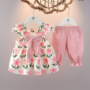 婴儿童装 女童夏装 韩版 薄款 洋气时髦背心裙两件套装 女宝宝夏天衣服