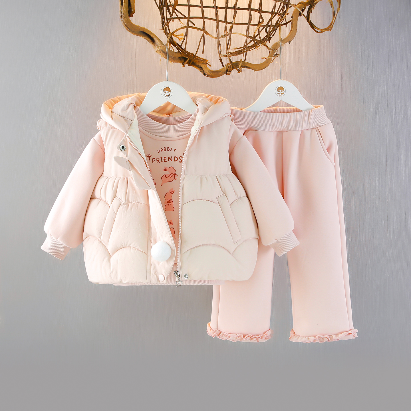 女童冬季套装洋气女宝宝秋冬装2025新款小女孩加绒加厚卫衣三件套