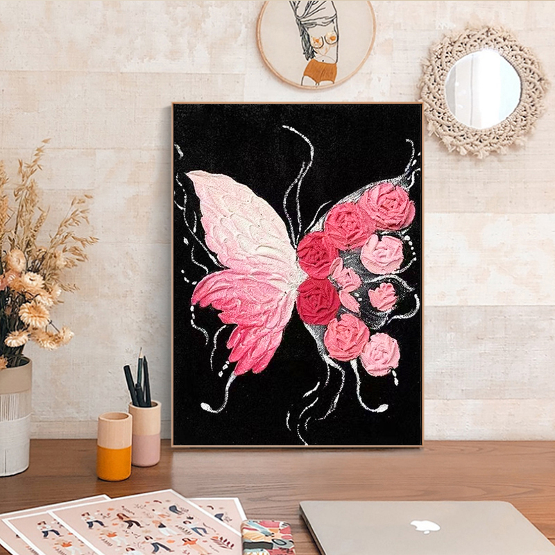 奶油风蝴蝶玫瑰砖石画手工贴客厅