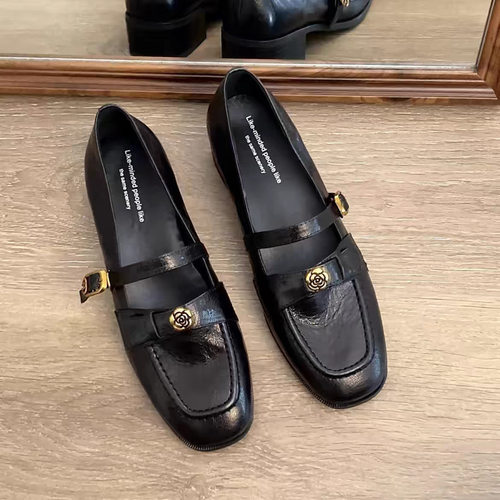 牛皮版~真皮复古法式单鞋女粗跟一字扣带玛丽珍鞋通勤山茶花皮鞋.