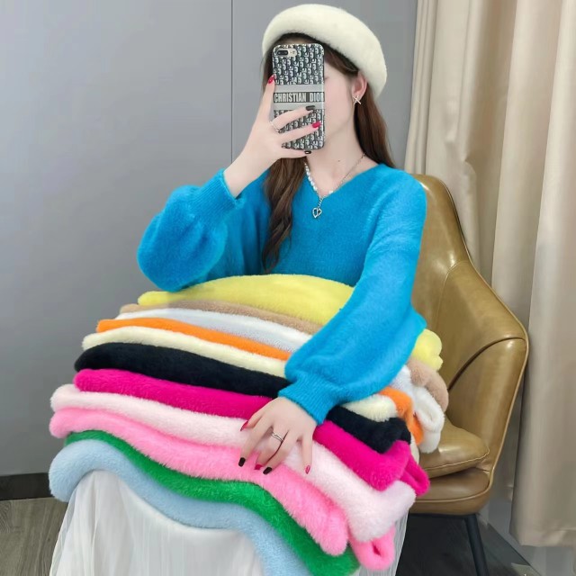 不起球仿貂绒毛衣女款灯笼袖2024时尚百搭新马卡龙色V领针织上衣