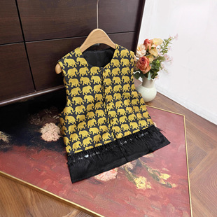 复古金色小象提花马甲2026春冬新款 小流苏坎肩圆领叠穿马夹新中式