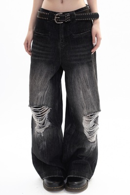 CLOTHESVOICE朋克牛仔裤洗水破洞