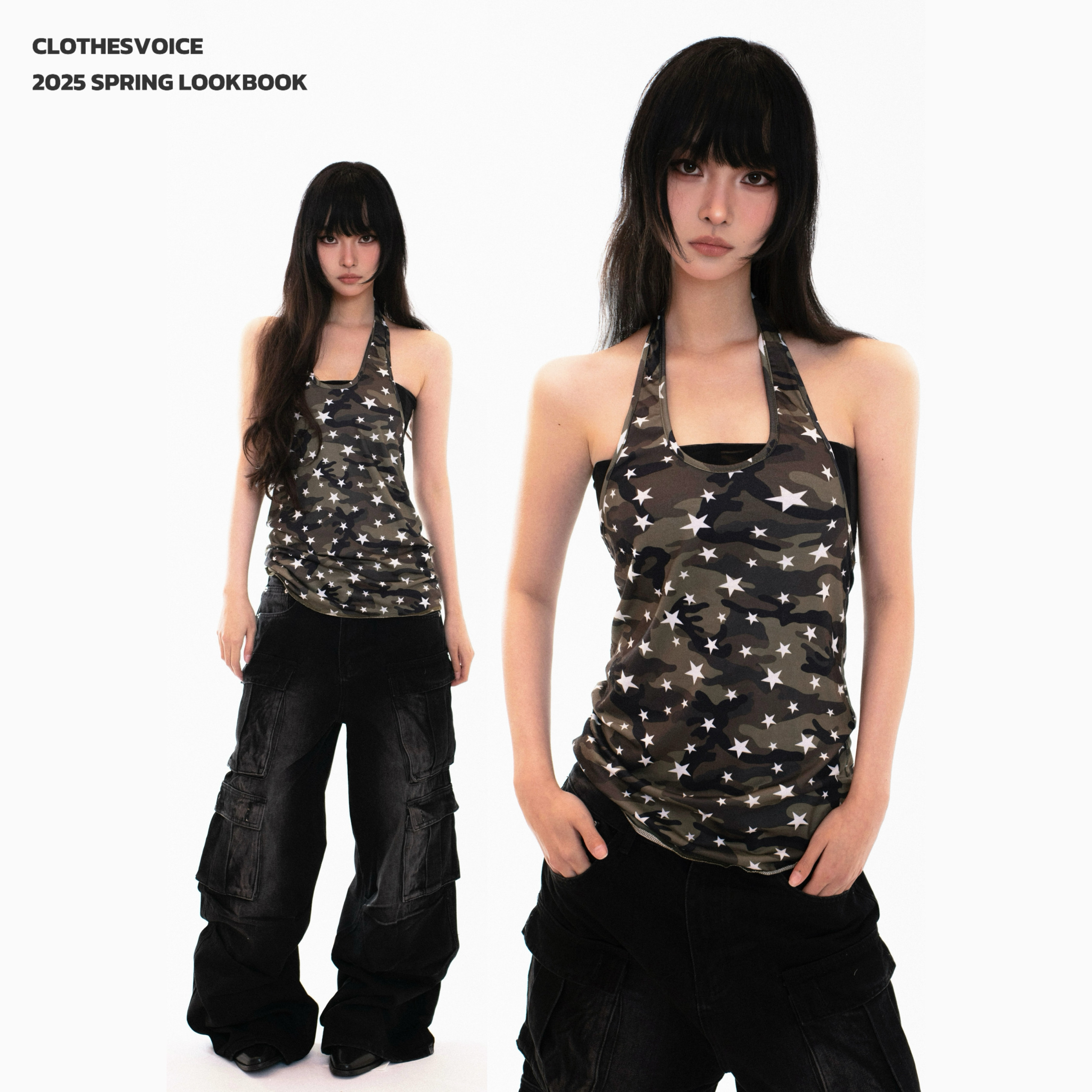 CLOTHESVOICE 复古朋克设计感小众迷彩星星印花挂脖背心上衣女