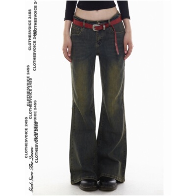 朋克复古低腰微喇洗水做旧牛仔裤