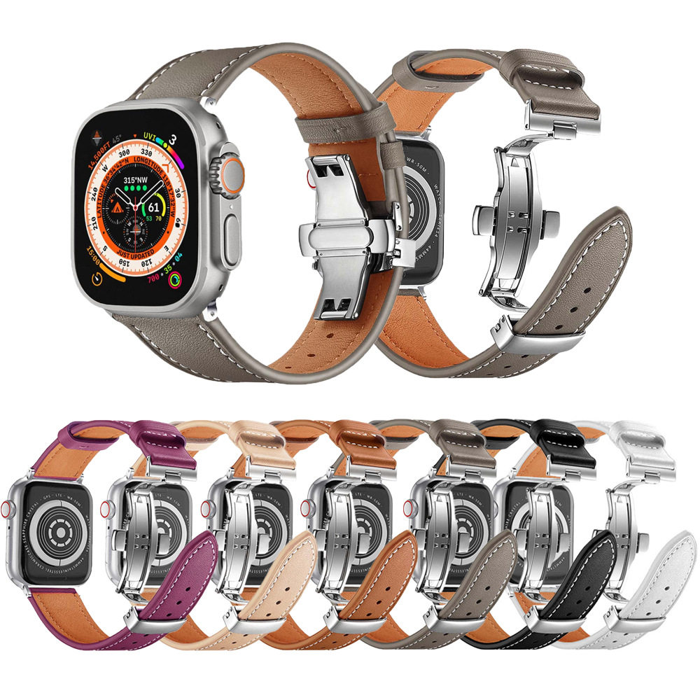 适用苹果手表真皮表带 Apple Watch真皮蝴蝶扣单圈皮革ultra表带