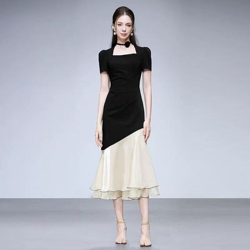 汉服夏季新款时尚法式方领泡泡袖收腰显瘦撞色荷叶边拼接连衣裙女