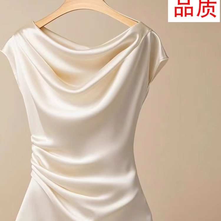 桑蚕丝纯色一字领短袖t恤图片