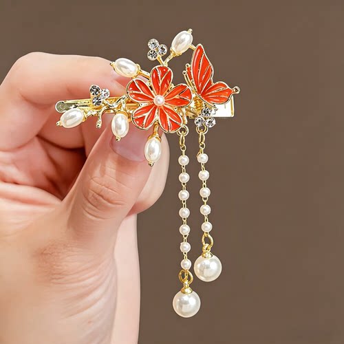 古风蝴蝶流苏珍珠鸭嘴夹