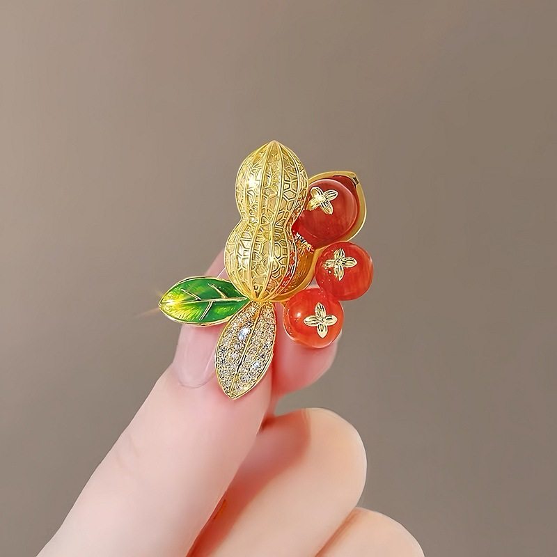 丨一折专区丨新款轻奢国风好柿花生胸针红色果子镀金别针气质百搭